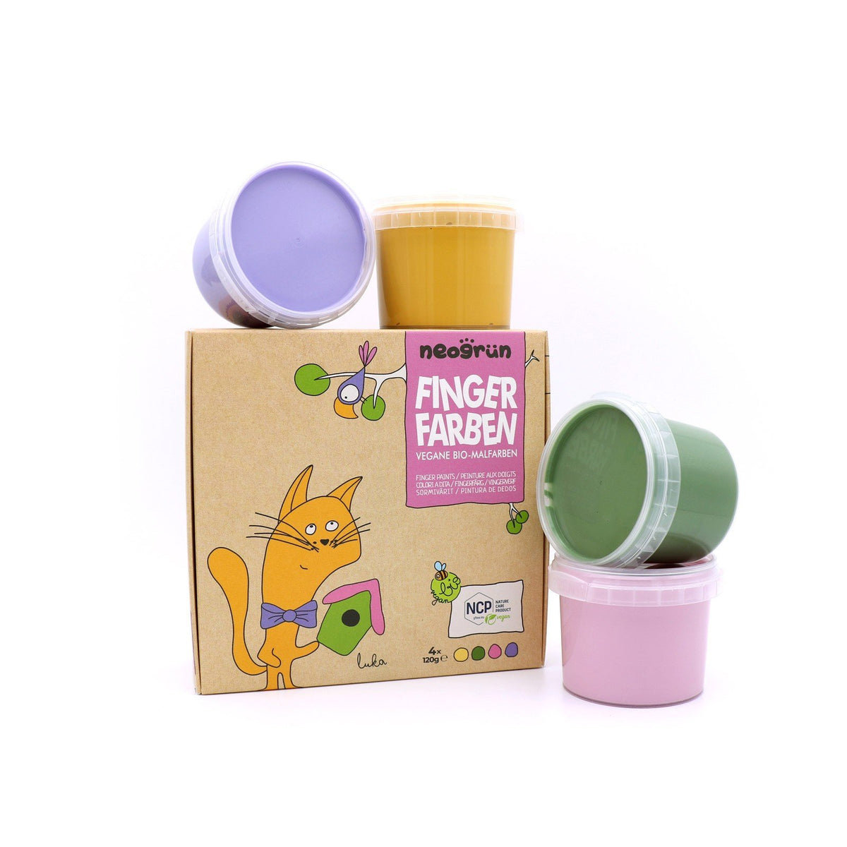 1. Neogrün finger paint set with four jars in yellow, green, pink, and violet, displayed with illustrated packaging featuring a cat on a white background