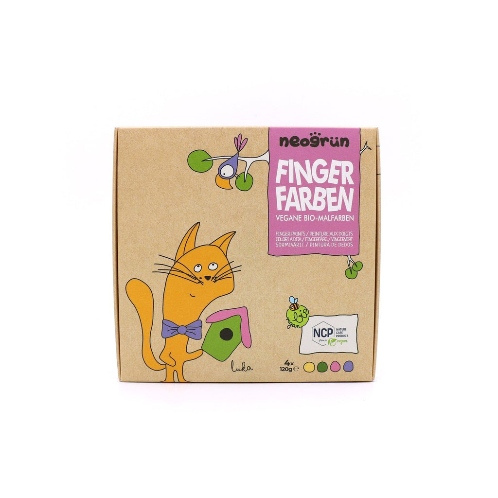 2. Neogrün finger paint set packaging featuring a cat illustration and product details on a white background
