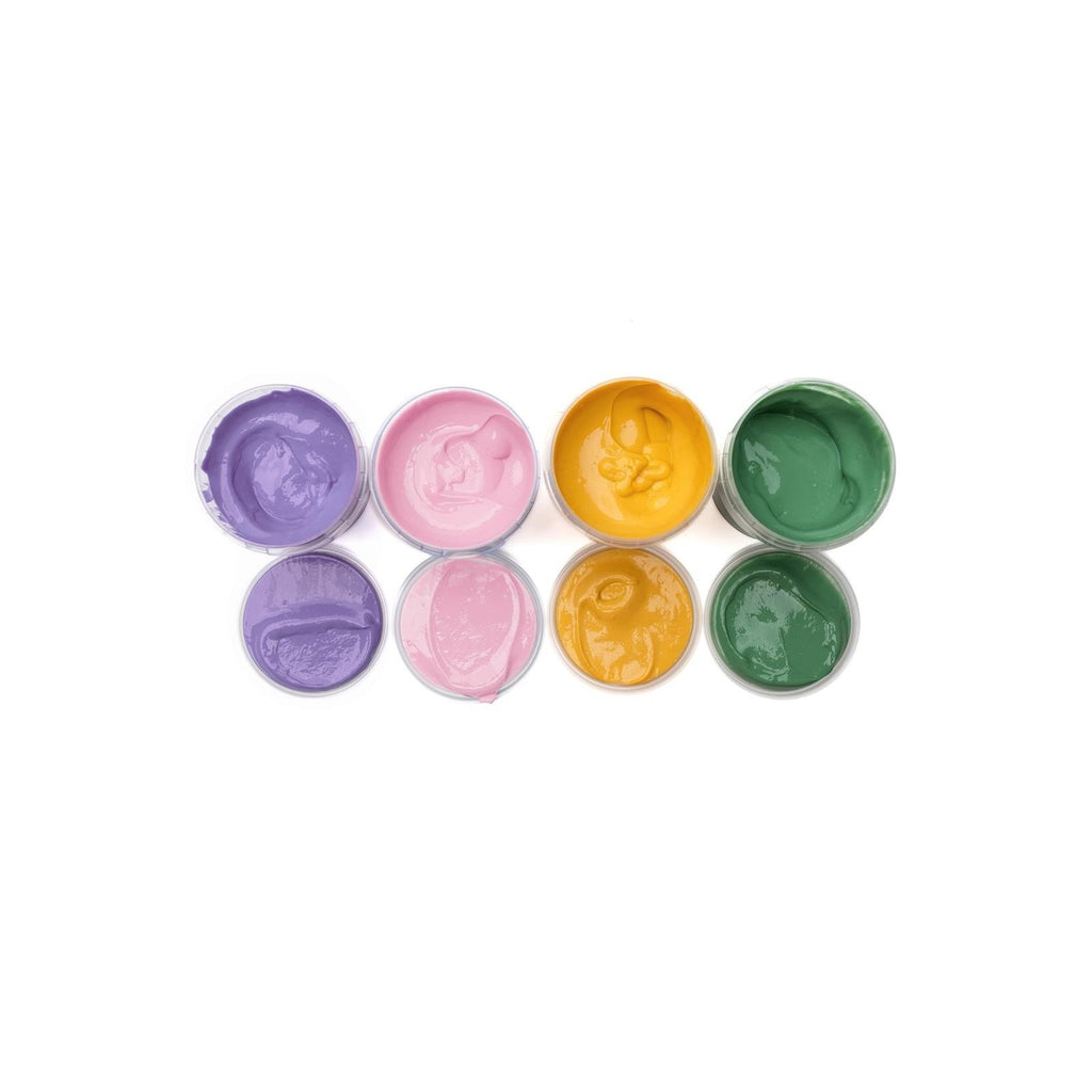 4. Flat lay of Neogrün finger paints in open jars showing creamy texture in violet, pink, yellow, and green