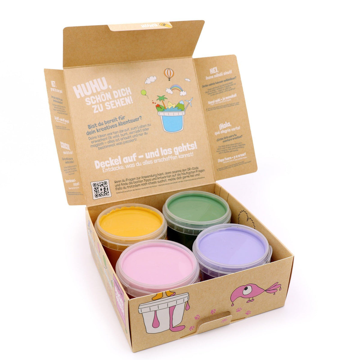 2. Neogrün finger paint set in open box showing four jars in yellow, green, pink, and violet with illustrated interior