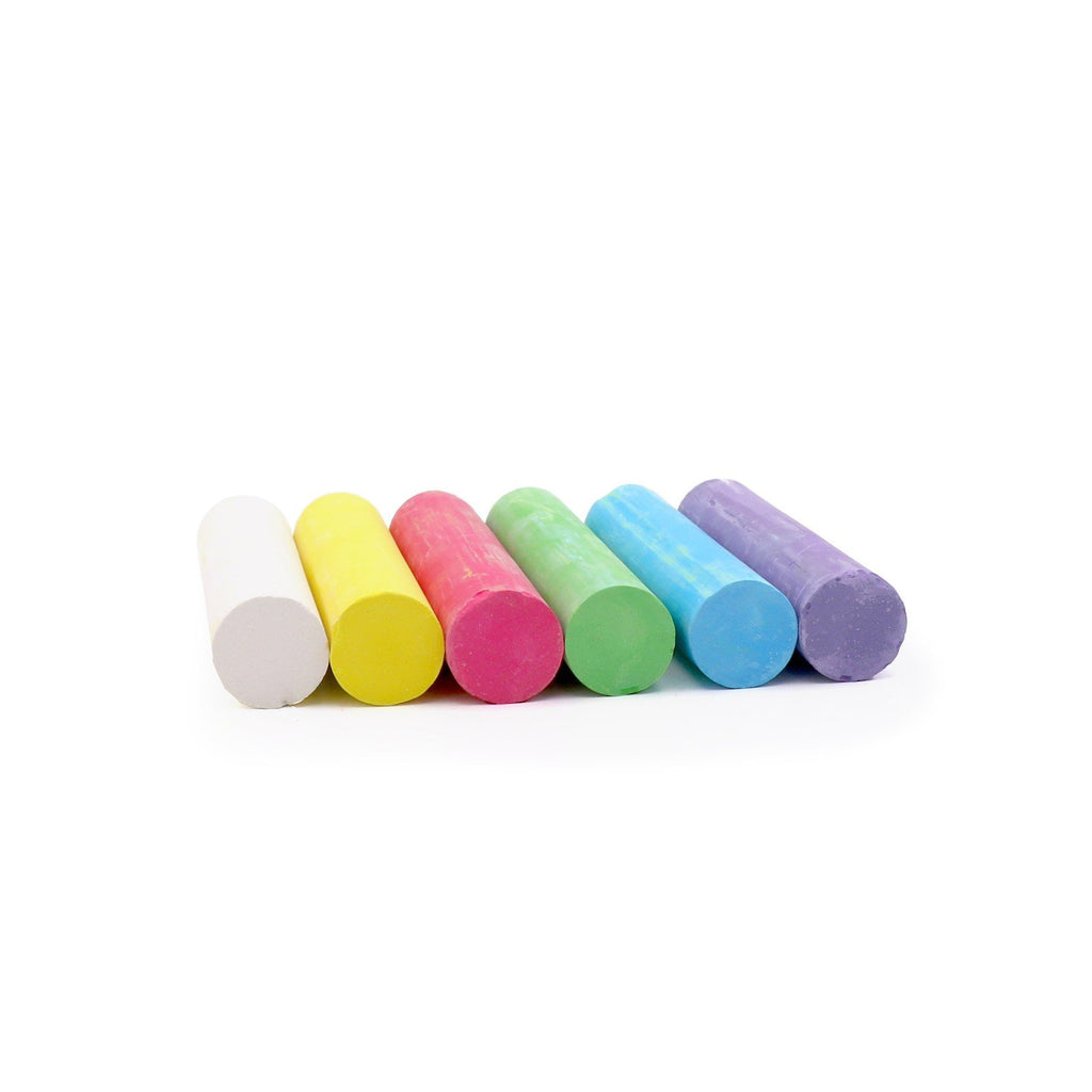 2. Studio shot of six Neogrün chalks in a row showing colors white, yellow, red, green, blue, and violet on a white background