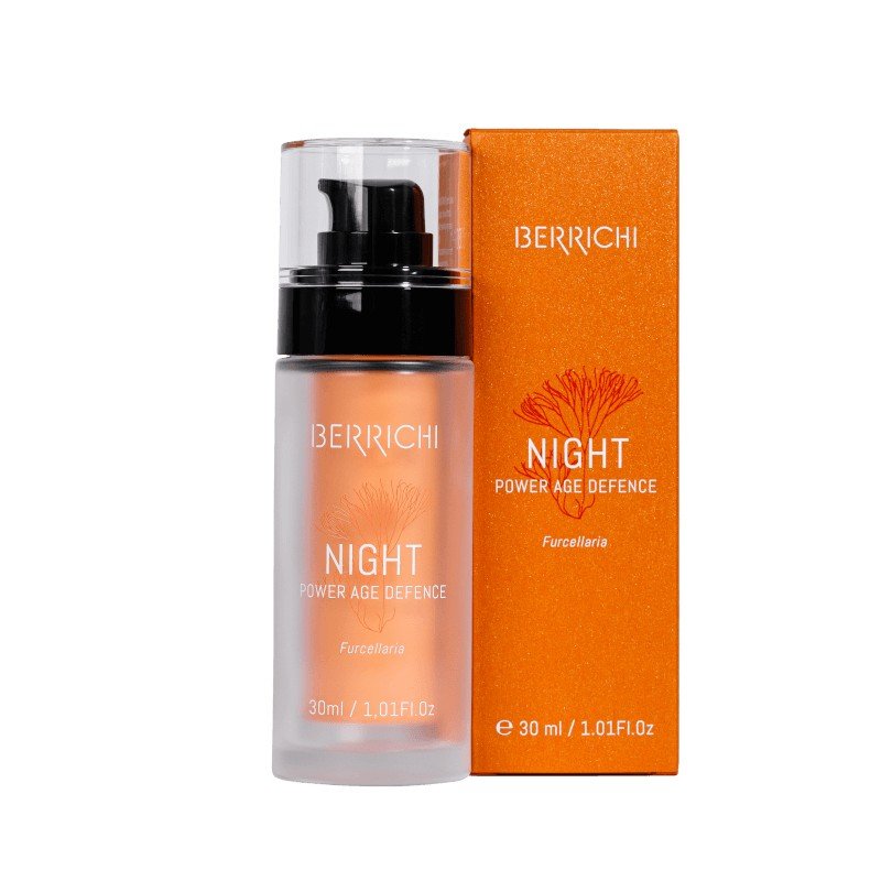 1. Berrichi Night Cream with replaceable refill bottle, 30ml, shown with packaging in studio setting