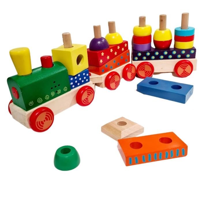 3. Wooden train toy with colorful blocks partially disassembled, showing stackable pieces and a green locomotive with red wheels, by Gerardo's Toys