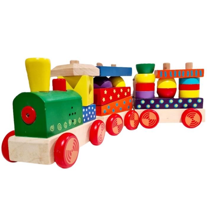 1. Colorful wooden train toy with stackable blocks in various shapes and colors, featuring a green locomotive with red wheels and a yellow chimney, by Gerardo's Toys