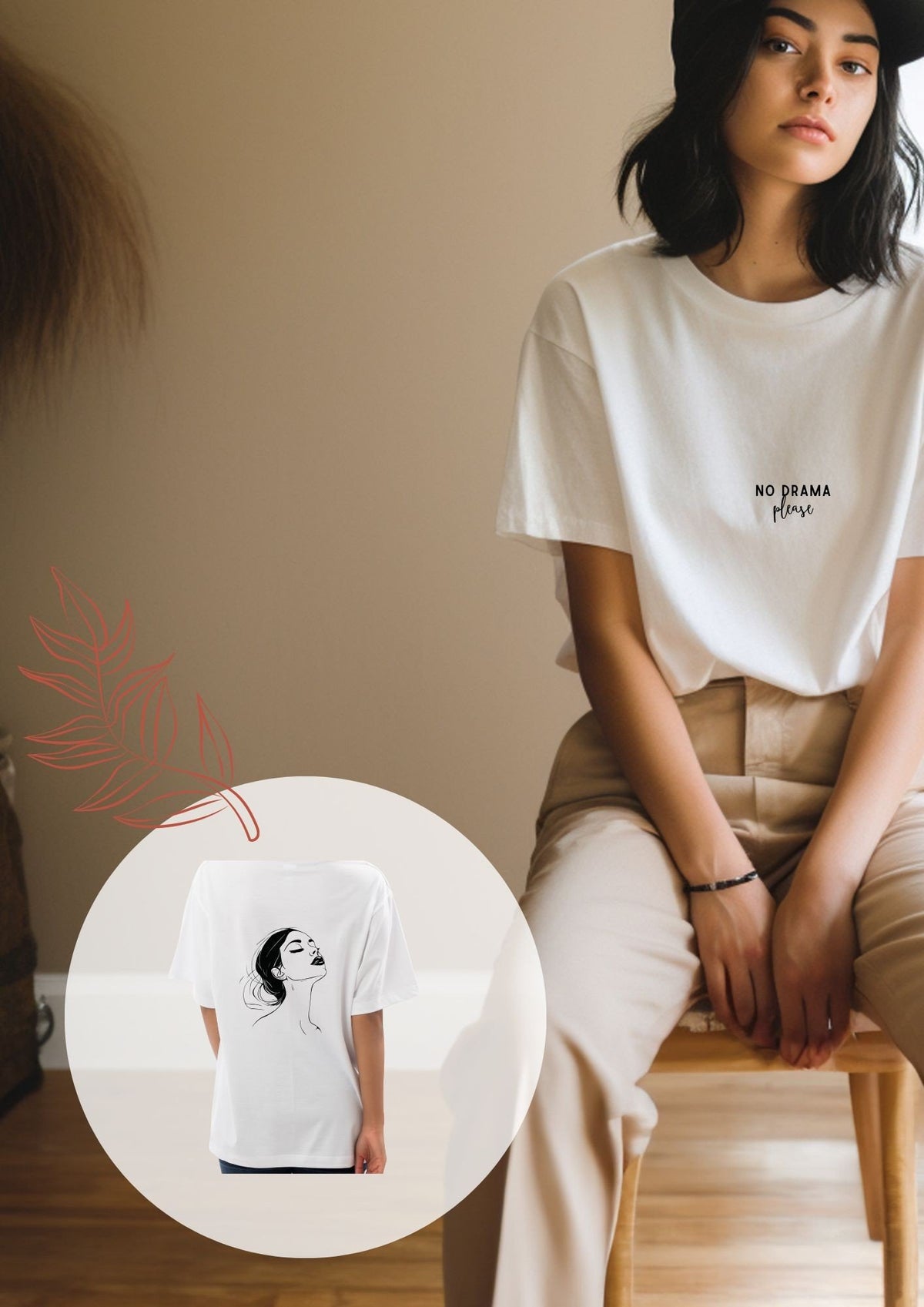 1. Woman sitting indoors wearing white 'No Drama Please' T-shirt with minimalist text on front and illustration on back