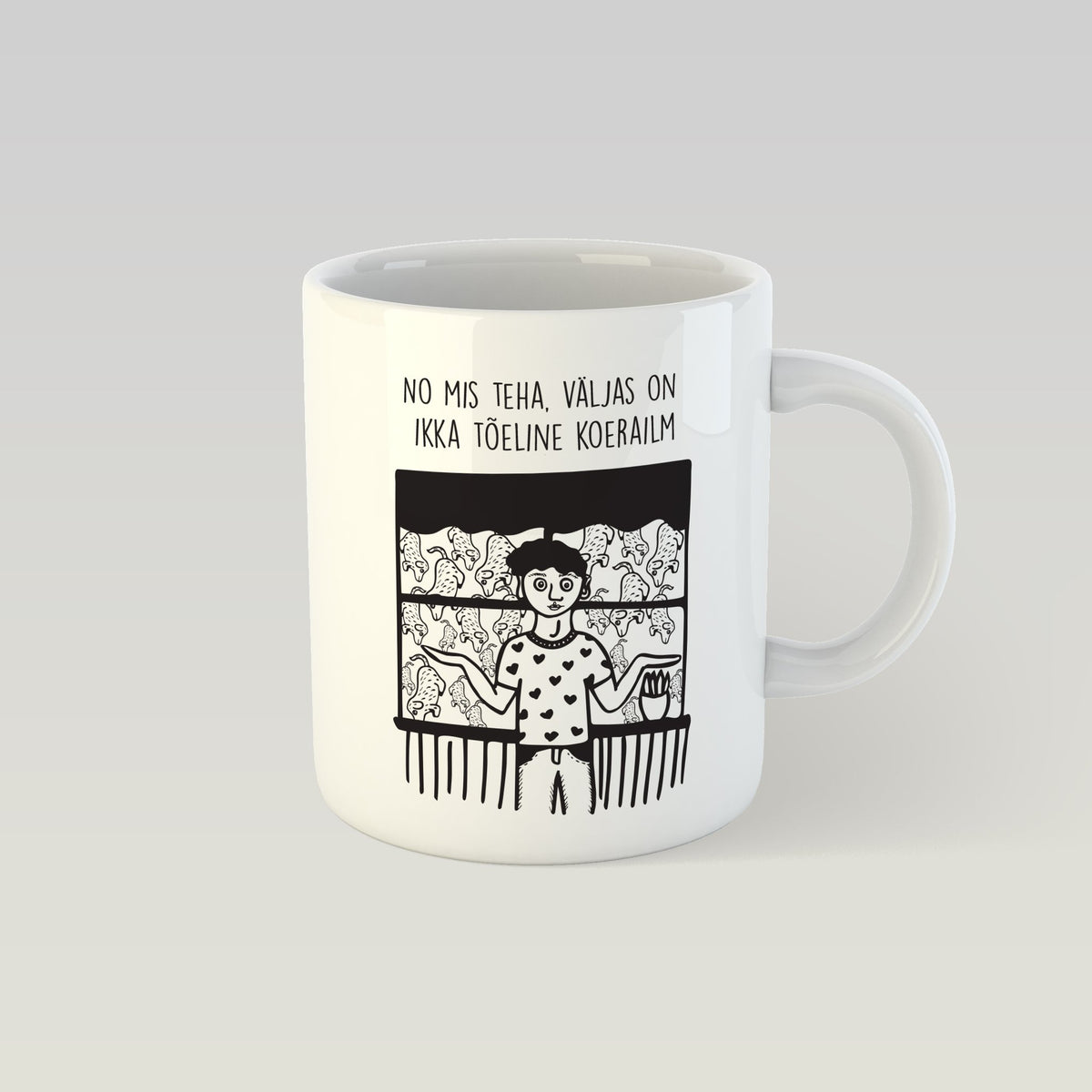 1. SEIK designer mug featuring 'Koerailm' rainy day quote by Paula Disain, showcasing a graphic design of a person at a window with rain, 330ml capacity, ideal for cozy indoor moments with tea or coffee