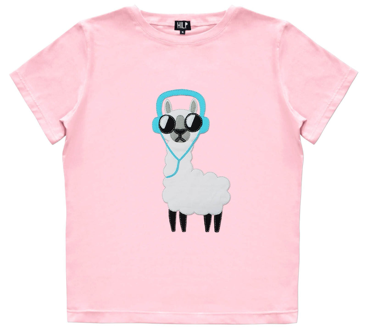 1. Women's pink No Drama Llama T-shirt by HILP featuring a llama with headphones, shown in studio