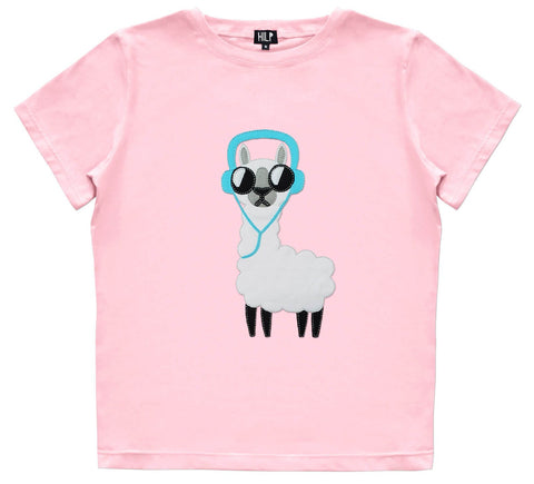 1. Women's pink No Drama Llama T-shirt by HILP featuring a llama with headphones, shown in studio