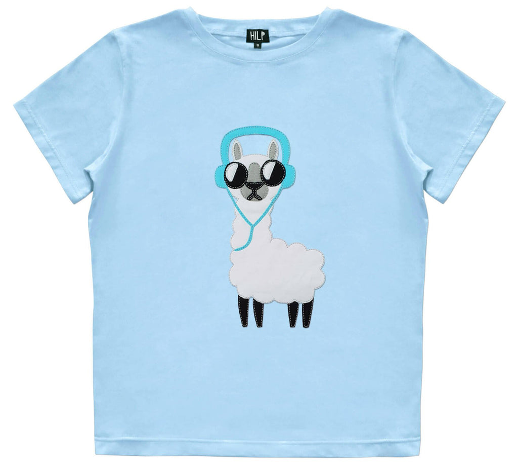 3. Women's blue No Drama Llama T-shirt by HILP featuring a llama with headphones, shown in studio