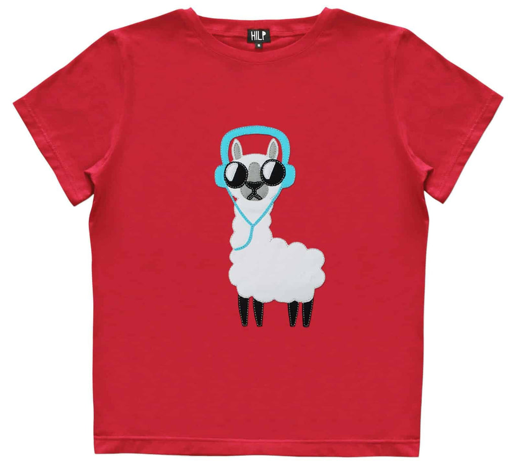 4. Women's red No Drama Llama T-shirt by HILP featuring a llama with headphones, shown in studio