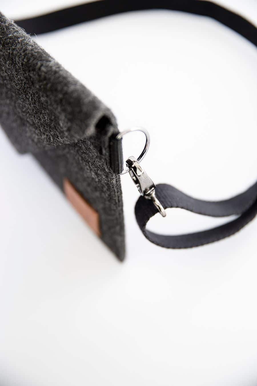 7. Close-up of Skive-mini crossbody bag by Nordhale highlighting strap attachment and felt texture
