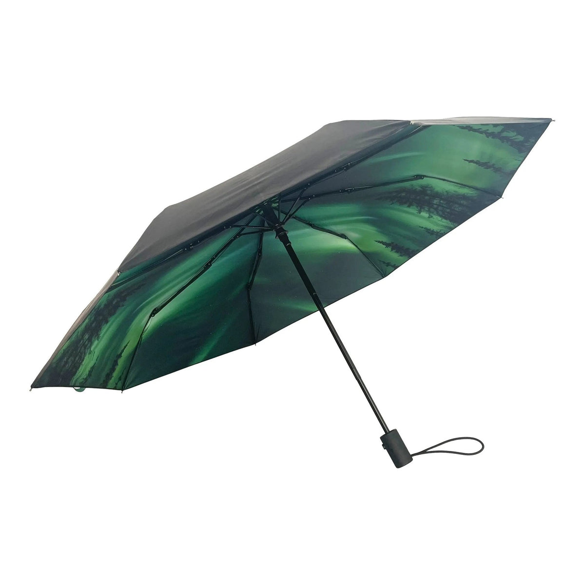 1. Norrsken umbrella with Northern Lights design open, showing green and black pattern, on white background