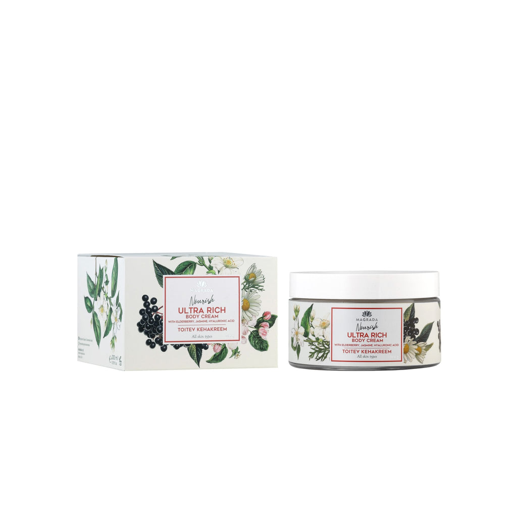 2. Magrada Organic Cosmetics Nourishing Body Cream jar and box with floral design on white background