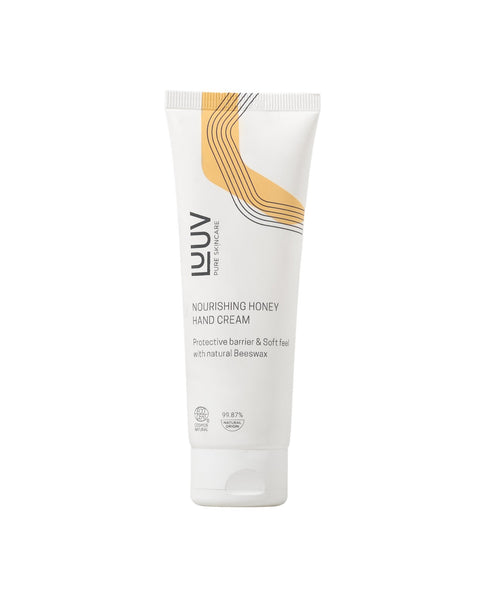 2. LUUV Nourishing Honey Hand Cream tube with white background, showcasing product details and eco-certification