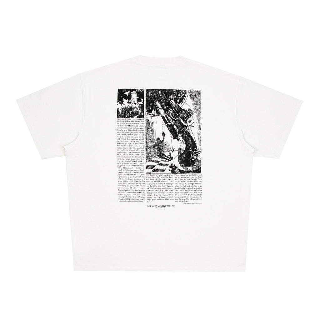 2. Studio image of unisex white Moomin t-shirt featuring bold back design with text and illustration
