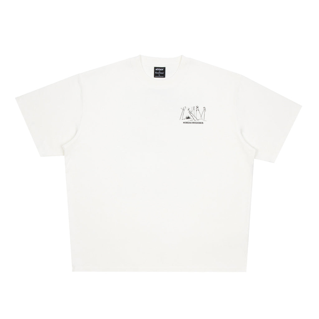 4. Studio shot of unisex white Moomin t-shirt showing front logo design by NordicBuddies