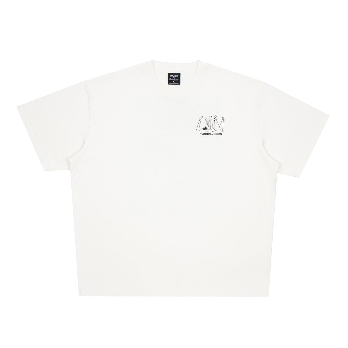 4. Studio shot of unisex white Moomin t-shirt showing front logo design by NordicBuddies