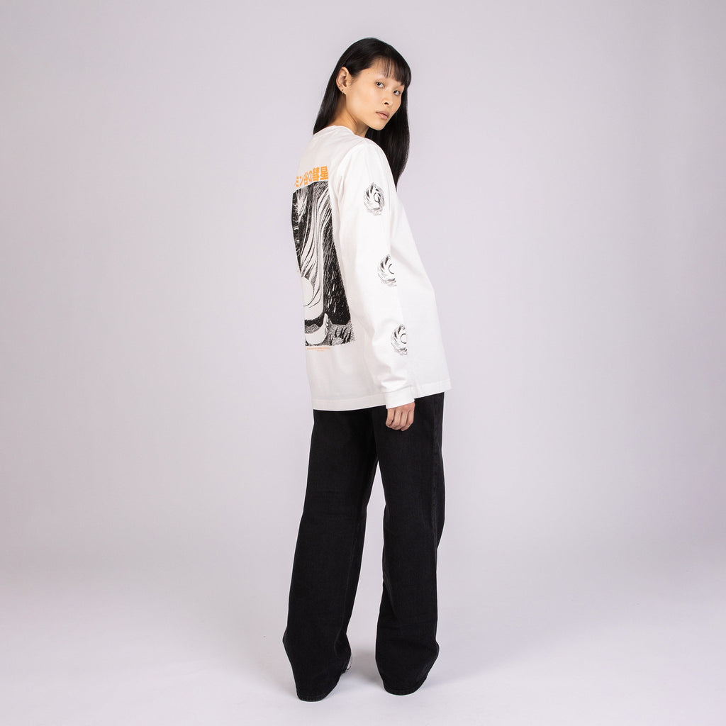 2. Women's white Moomin longsleeve shirt with bold illustration, shown from the back in studio setting