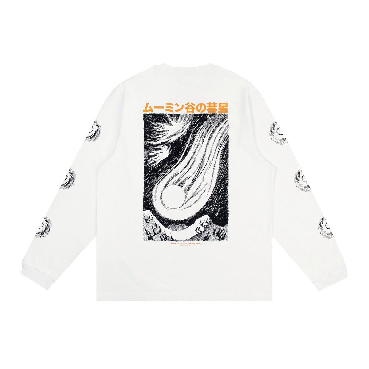 5. Back view of unisex white Moomin longsleeve shirt featuring bold illustration and sleeve details