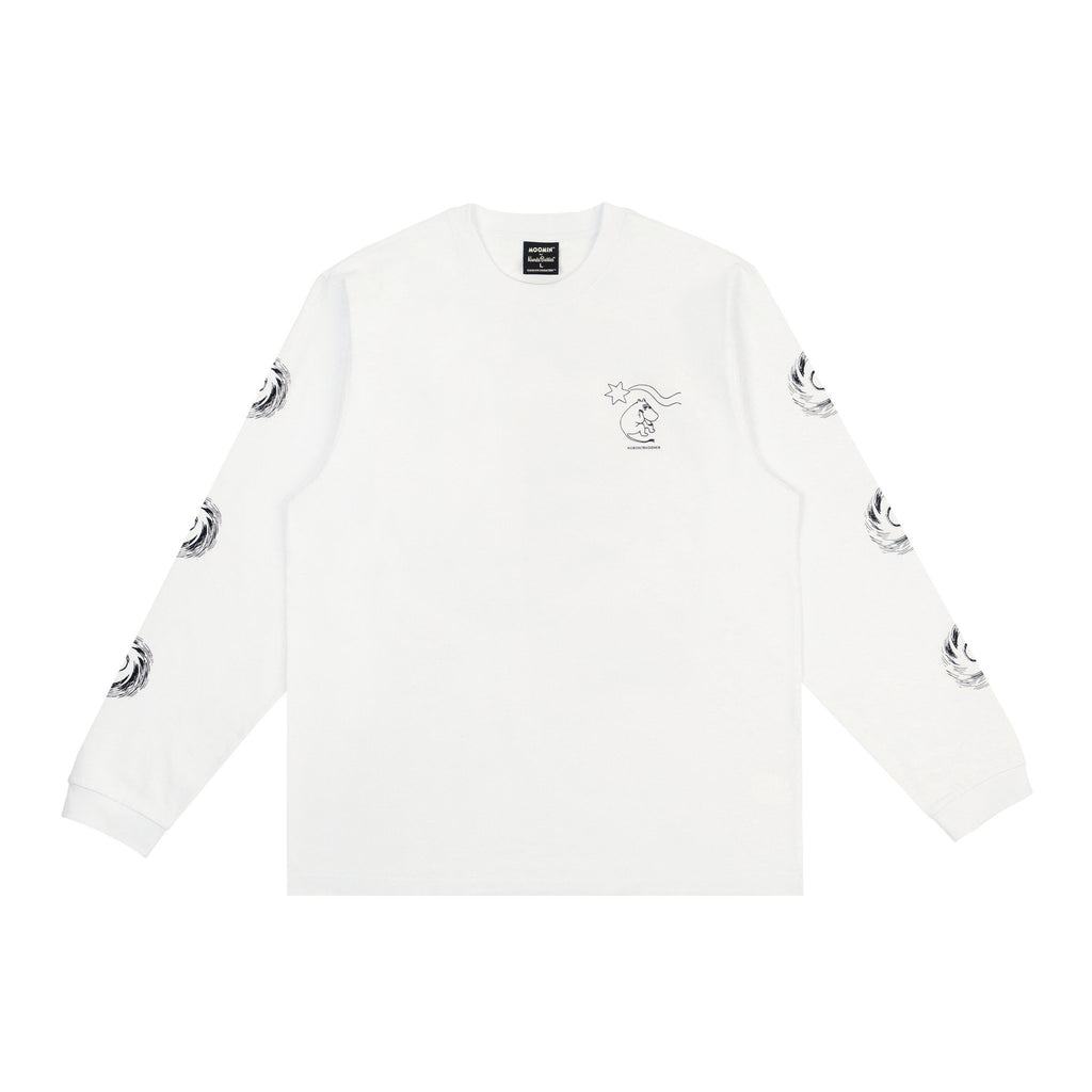 4. Studio product image of unisex white Moomin longsleeve shirt with front logo and sleeve design