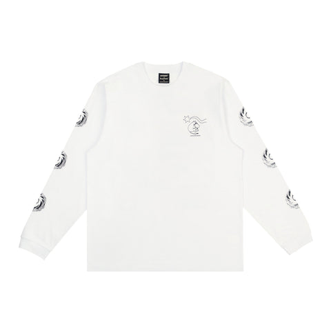 4. Studio product image of unisex white Moomin longsleeve shirt with front logo and sleeve design