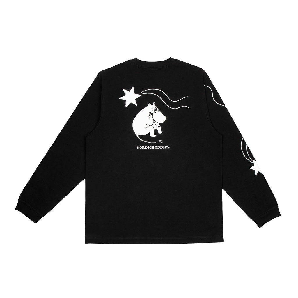 5. Back view of unisex black Moomin longsleeve shirt in studio, featuring bold illustration and star details