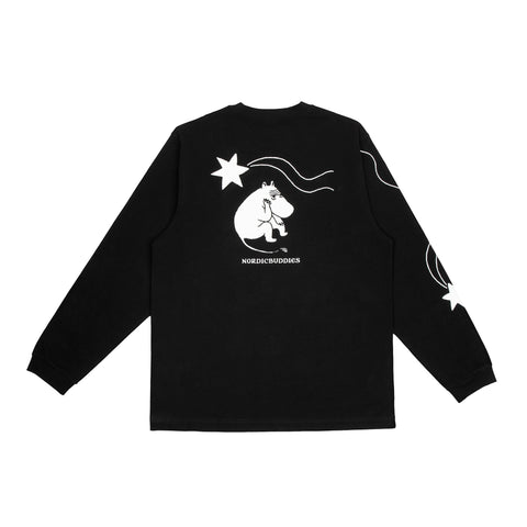 5. Back view of unisex black Moomin longsleeve shirt in studio, featuring bold illustration and star details