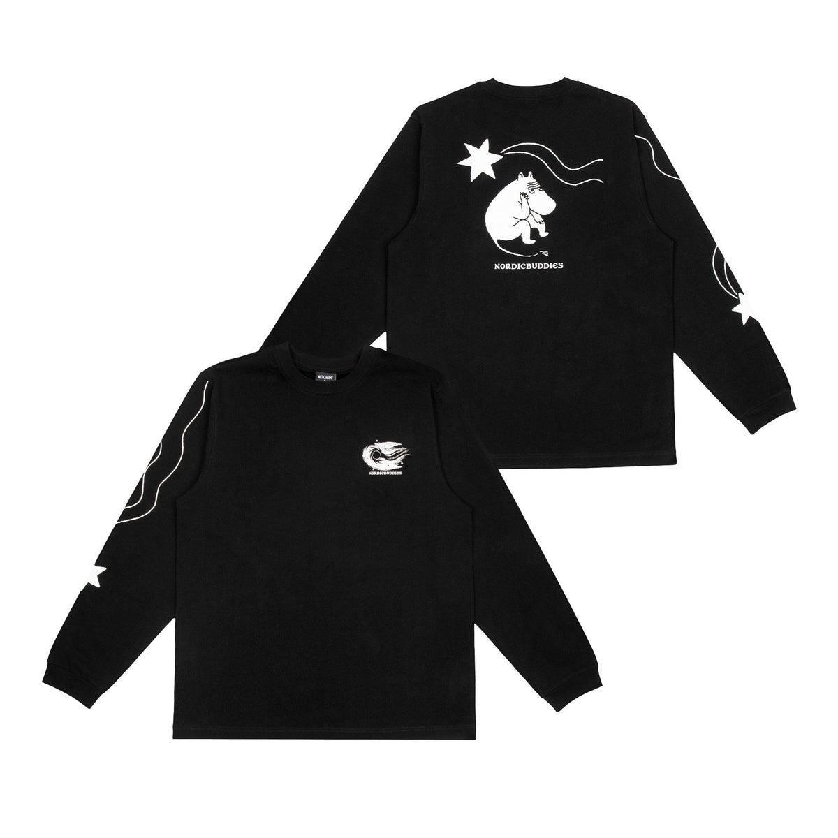 2. Studio image of unisex black Moomin longsleeve shirt showing front and back designs with bold illustrations