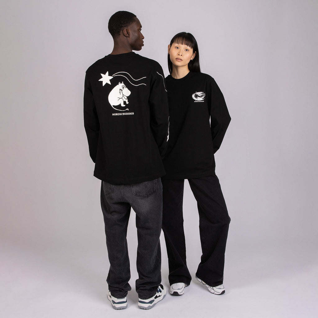 1. Unisex black Moomin longsleeve shirt worn by male and female models, showcasing front and back designs in studio setting