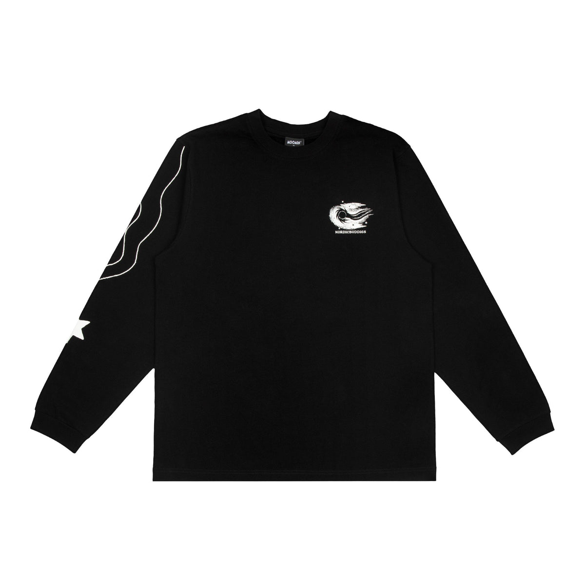 4. Studio shot of unisex black Moomin longsleeve shirt highlighting front design and sleeve details
