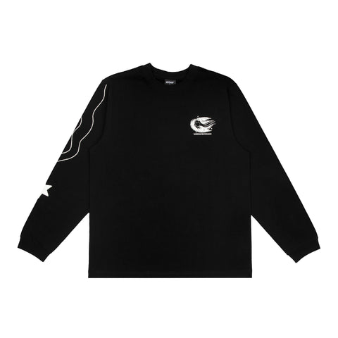 4. Studio shot of unisex black Moomin longsleeve shirt highlighting front design and sleeve details