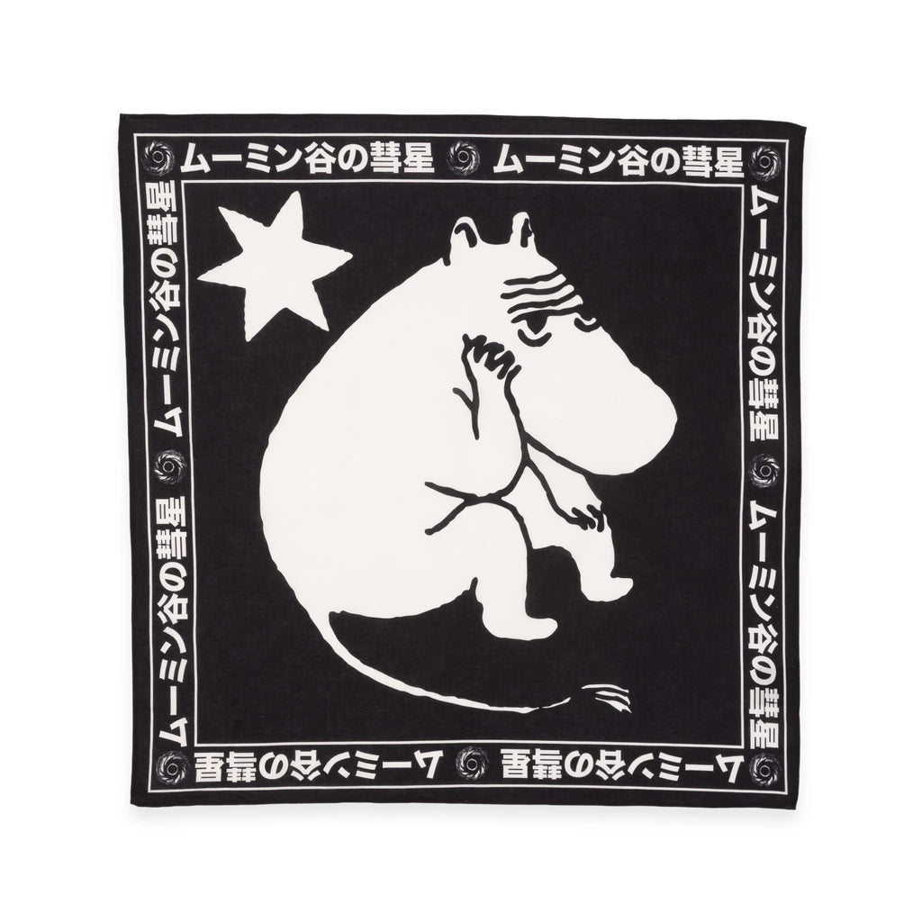 1. Black cotton Moomin scarf featuring large white Moomin character and star design with Japanese text border