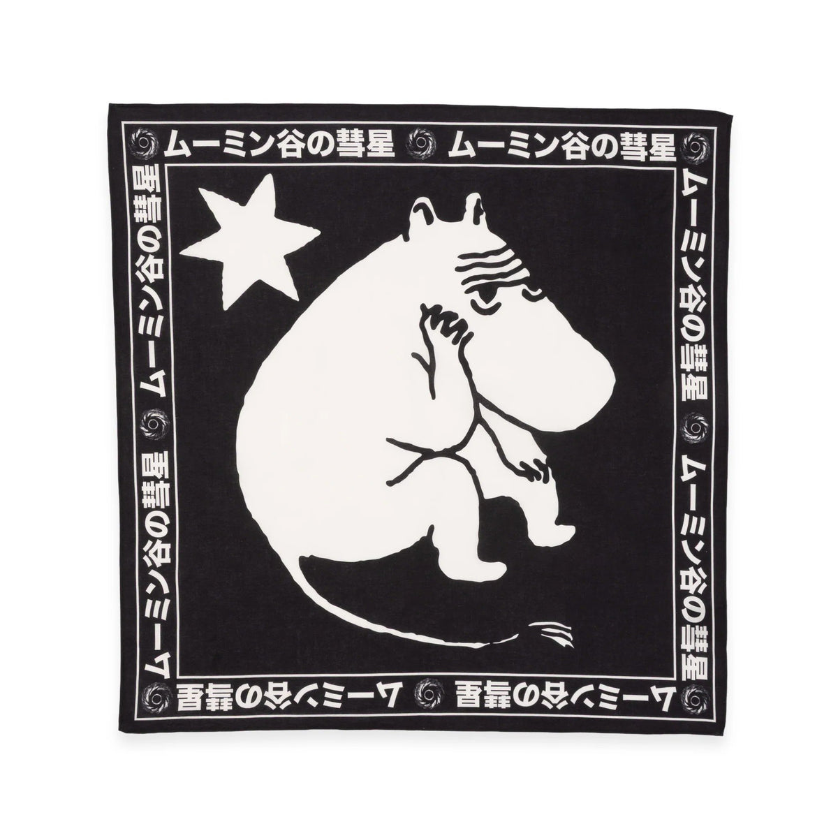 1. Black cotton Moomin scarf featuring large white Moomin character and star design with Japanese text border