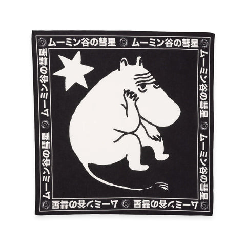 1. Black cotton Moomin scarf featuring large white Moomin character and star design with Japanese text border