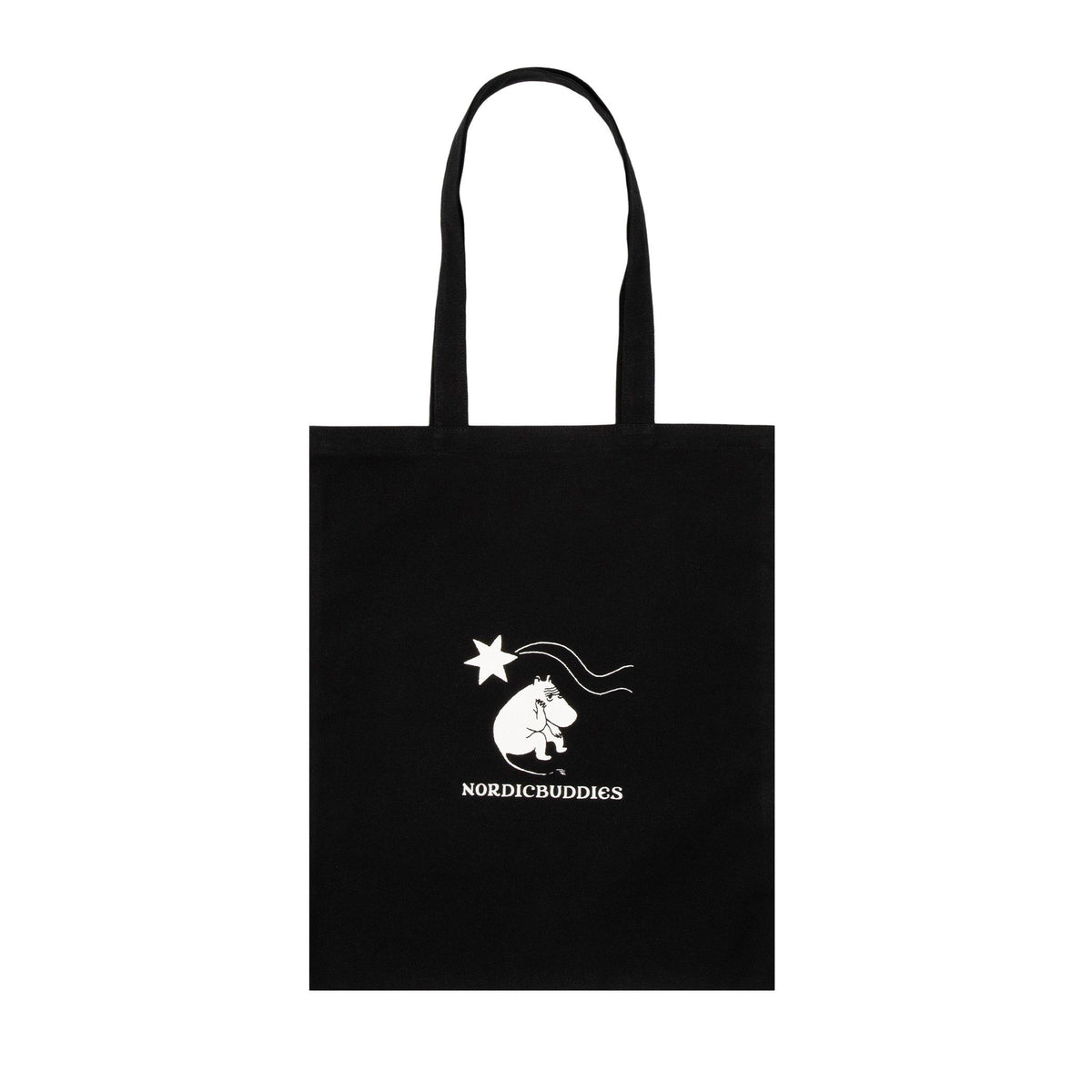 3. Back view of black Moomin Novels Tote Bag showing NordicBuddies logo in studio