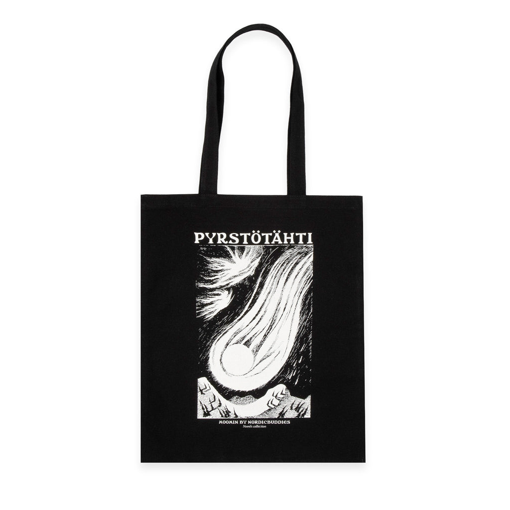 2. Studio image of black Moomin Novels Tote Bag with Pyrstötähti design on front