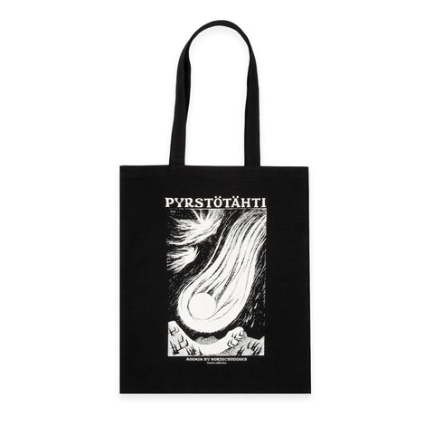 2. Studio image of black Moomin Novels Tote Bag with Pyrstötähti design on front
