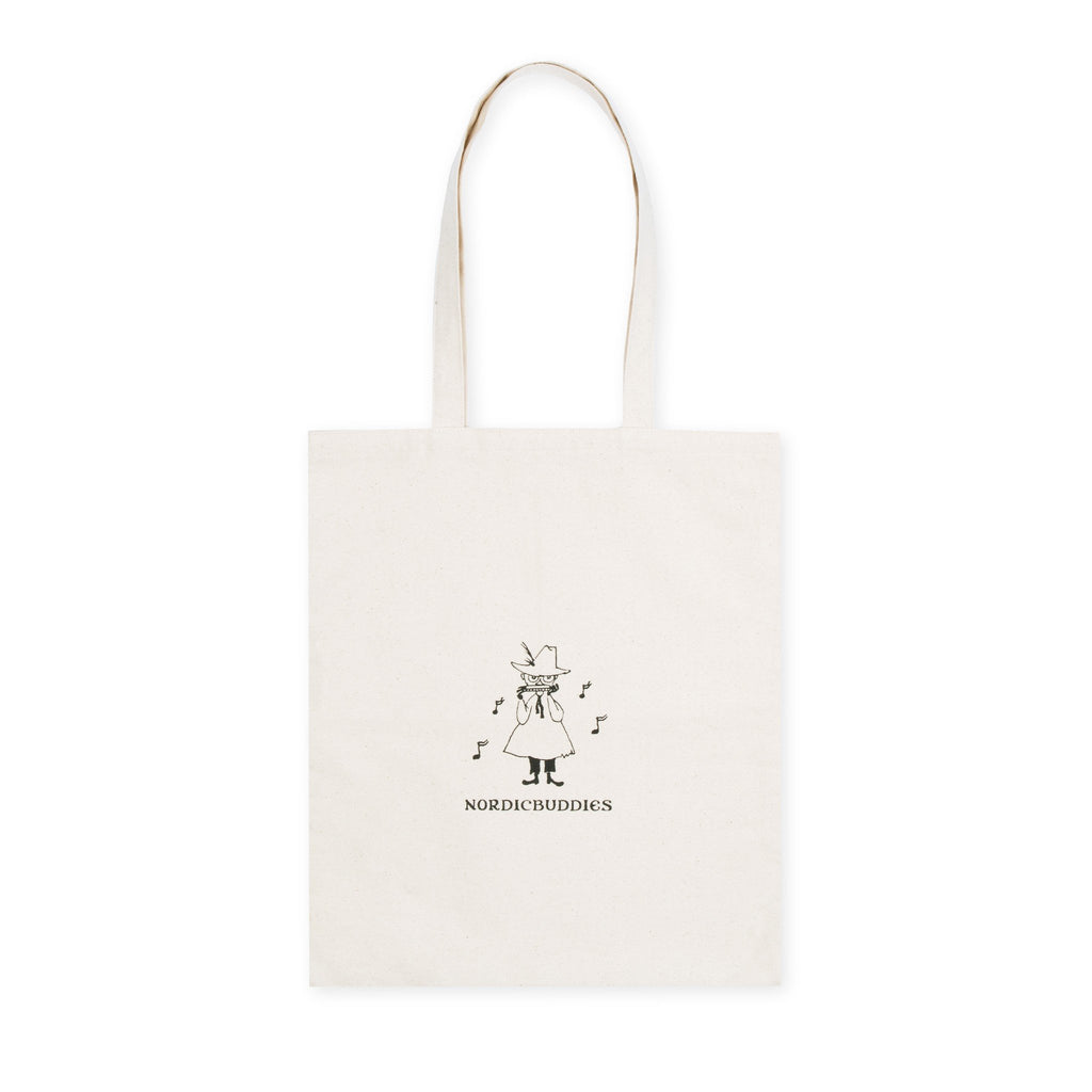 2. Studio image of white Moomin Novels tote bag with NordicBuddies logo and character illustration
