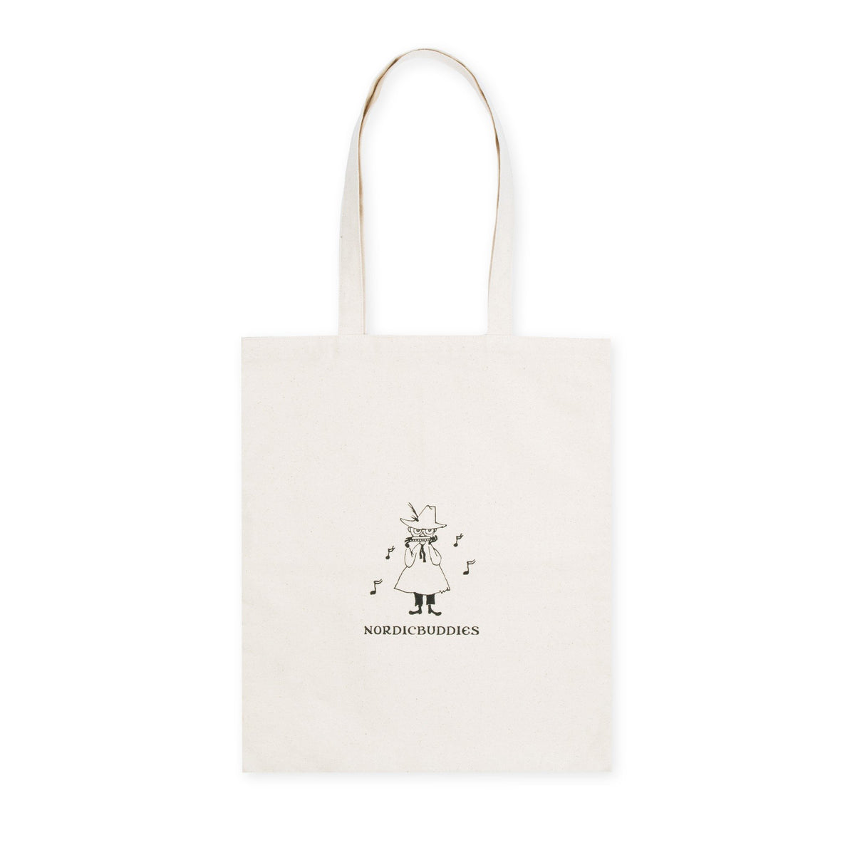 2. Studio image of white Moomin Novels tote bag with NordicBuddies logo and character illustration