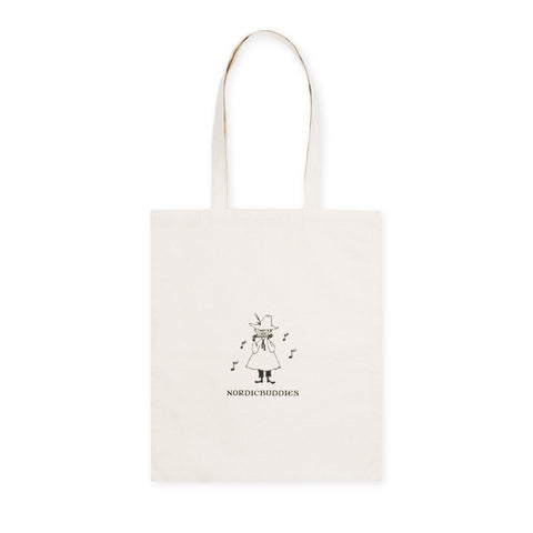 2. Studio image of white Moomin Novels tote bag with NordicBuddies logo and character illustration