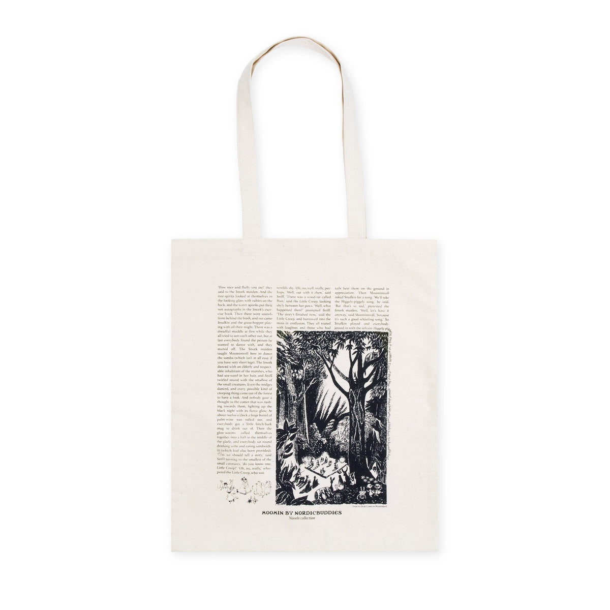 3. Studio shot of white Moomin Novels tote bag showcasing detailed black print design