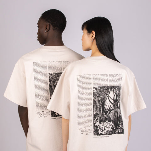 2. Unisex beige Moomin t-shirt worn by male and female models, highlighting back design with text and illustration