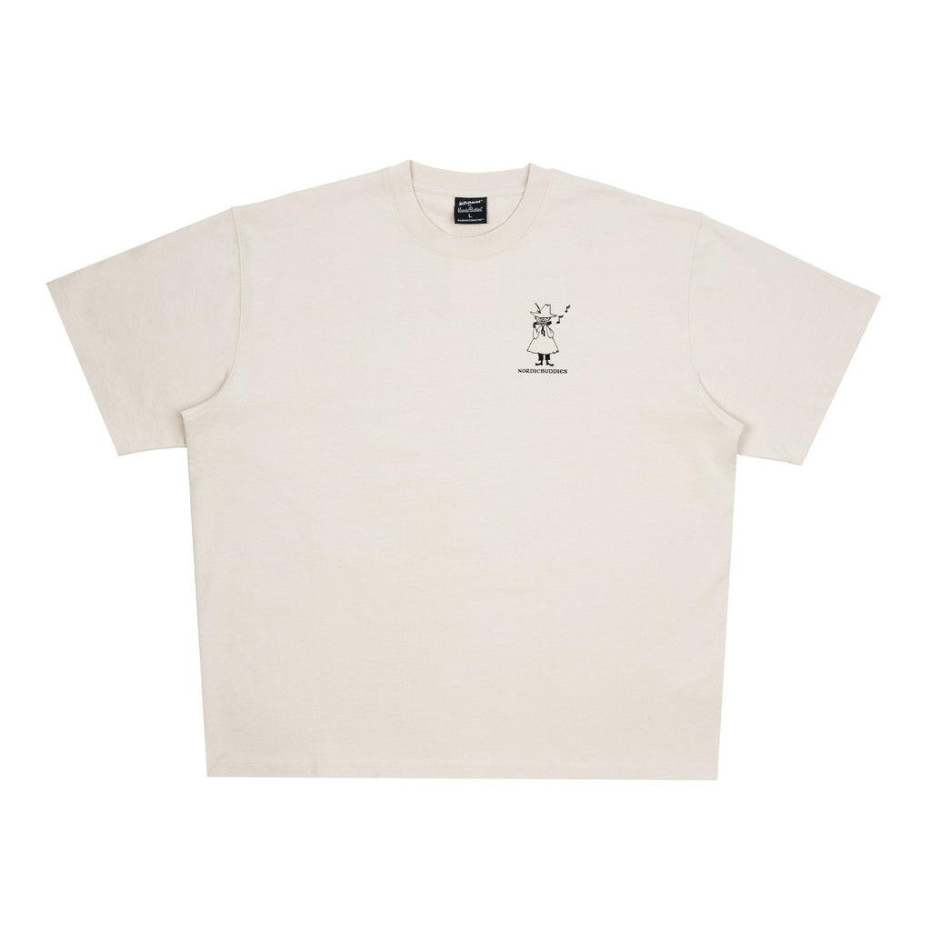 8. Flat lay of unisex beige Moomin t-shirt, highlighting front logo design