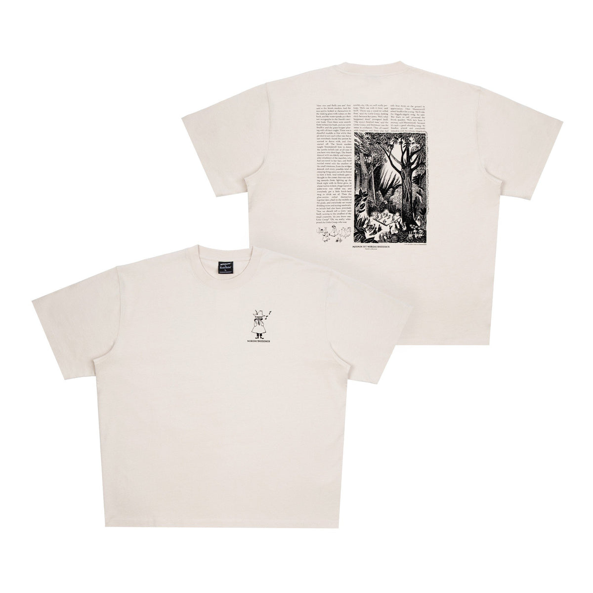 7. Flat lay of unisex beige Moomin t-shirt, showing front and back design with logo and illustration
