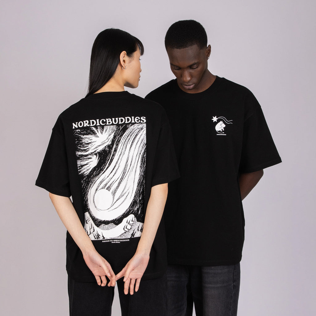1. Unisex black Moomin t-shirt worn by male and female models, showcasing front and back designs in studio setting