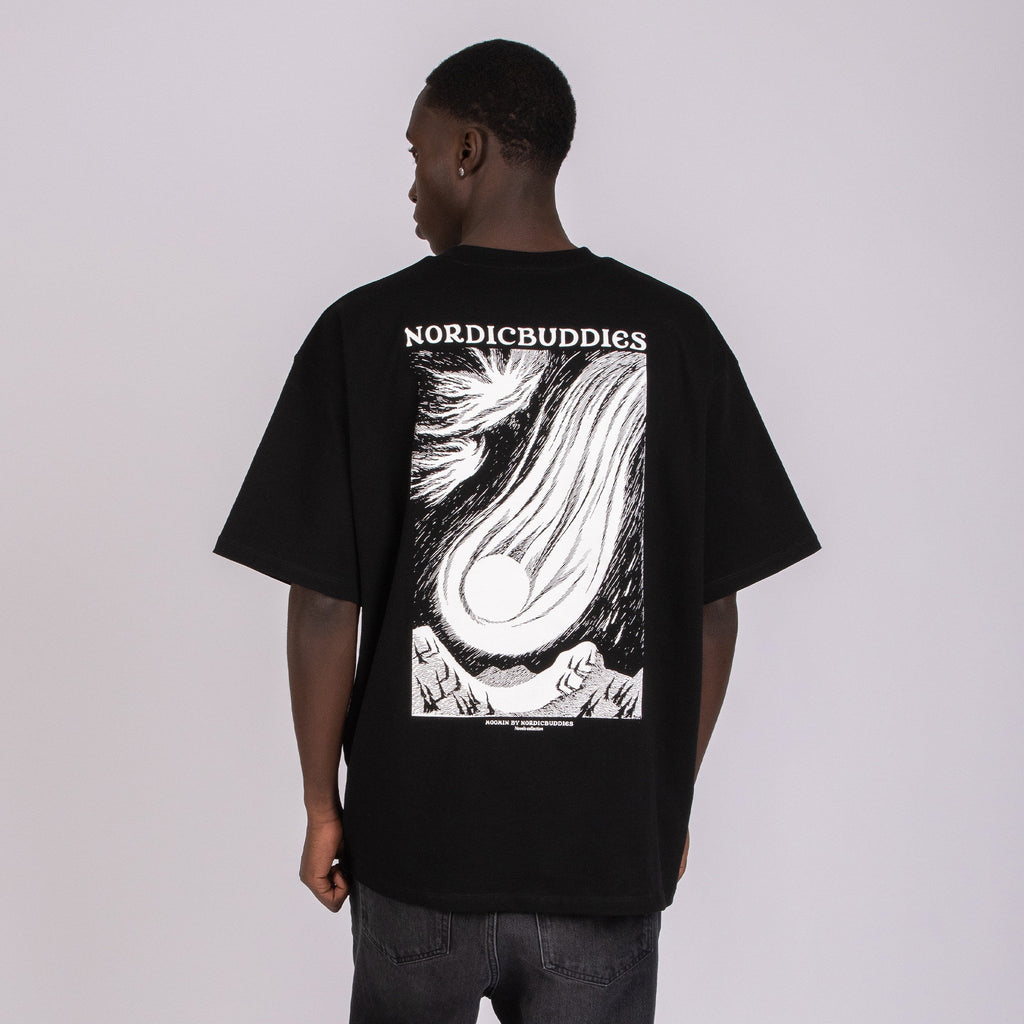 3. Back view of male model in black Moomin t-shirt with NordicBuddies design