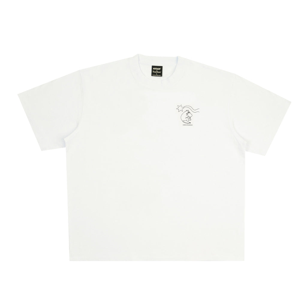 6. Front view of Moomin unisex t-shirt in white, showcasing small logo design