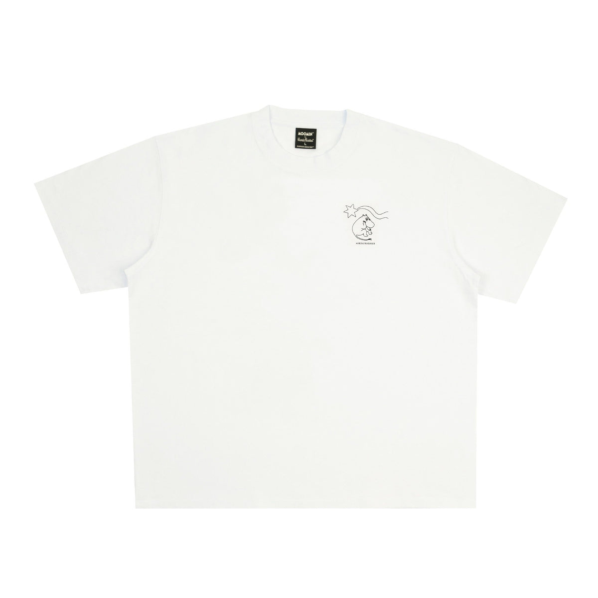 6. Front view of Moomin unisex t-shirt in white, showcasing small logo design