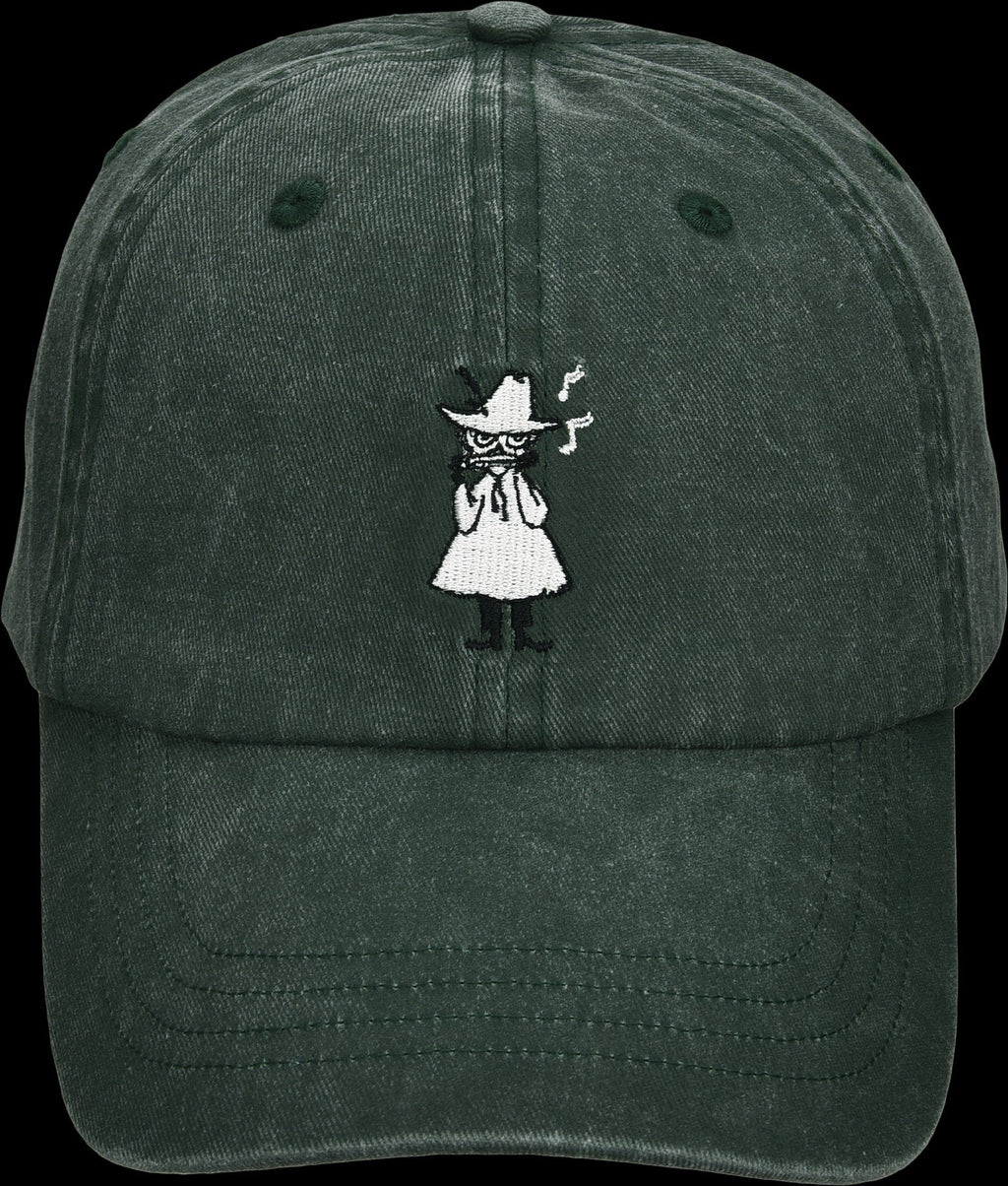 4. Close-up of green Moomin washed denim cap, highlighting embroidered character on front