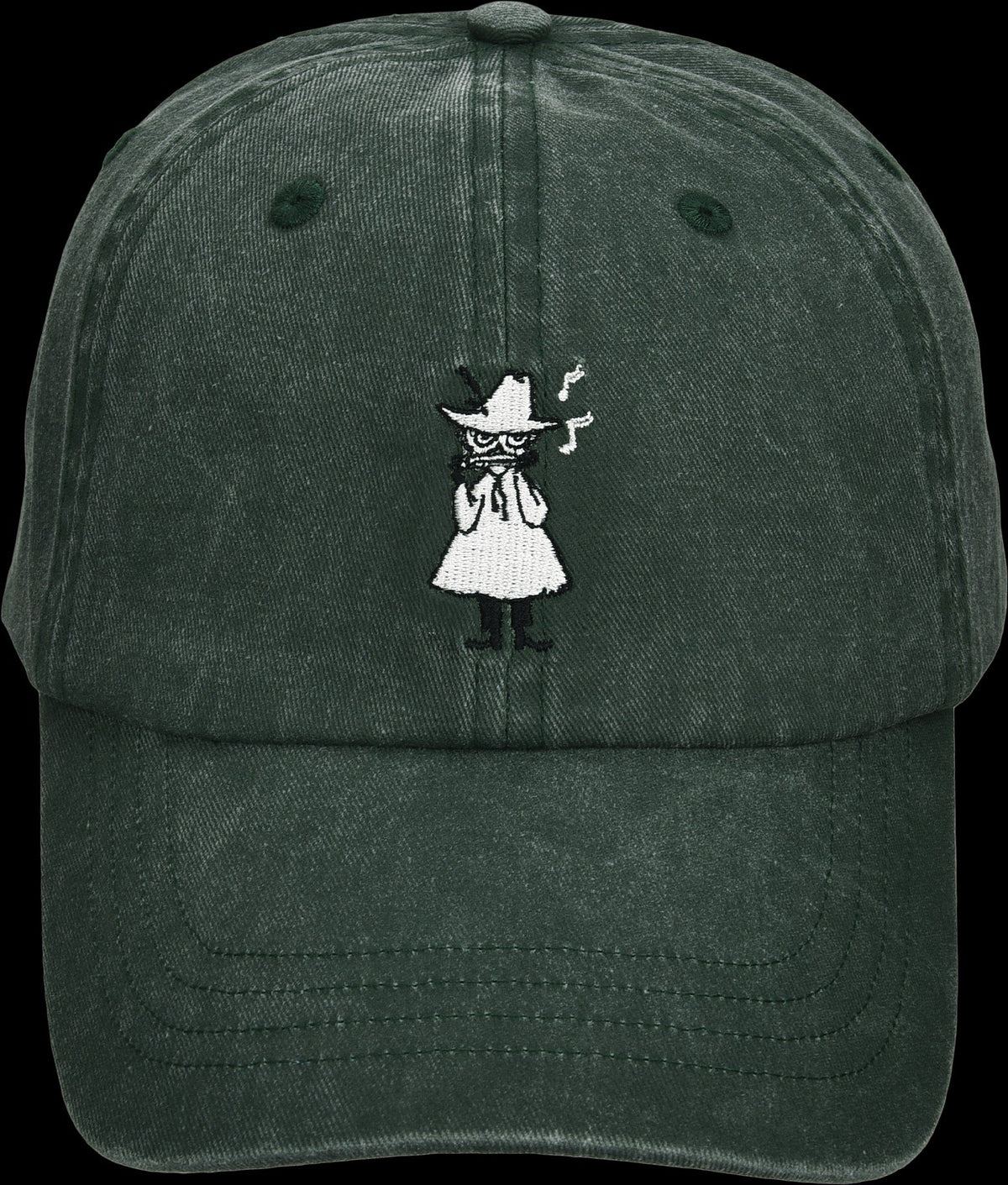 4. Close-up of green Moomin washed denim cap, highlighting embroidered character on front
